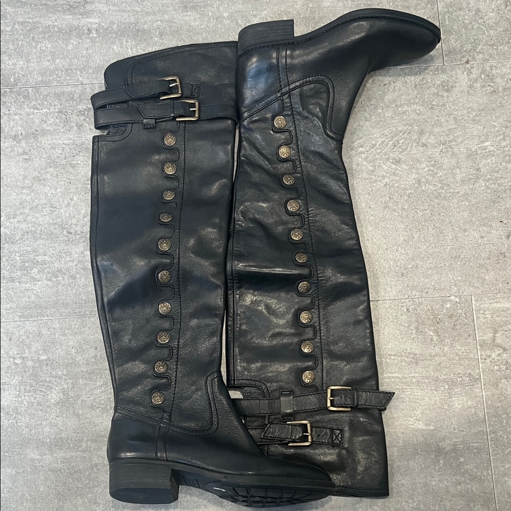 Sam Edelman Black Knee-High Leather Boots with Buckle Detail